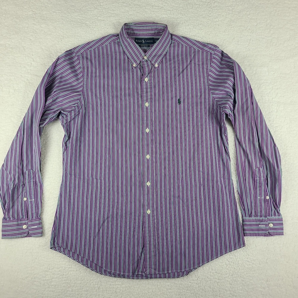 Ralph Lauren Dress Shirt Mens Large Purple Blue Green Custom Fit Button Up VTG